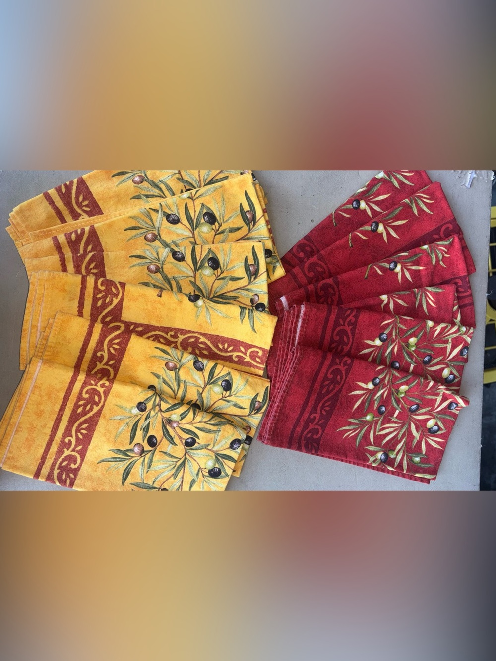 12 cloth Olive Branch Print napkins  - Yellow and Red